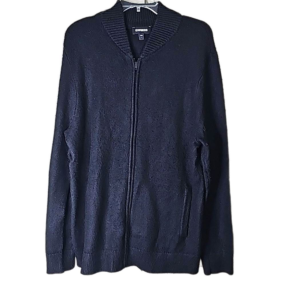 Express Cardigan Sweater Full Zip Black Size Large Front Slit Pockets Preppy